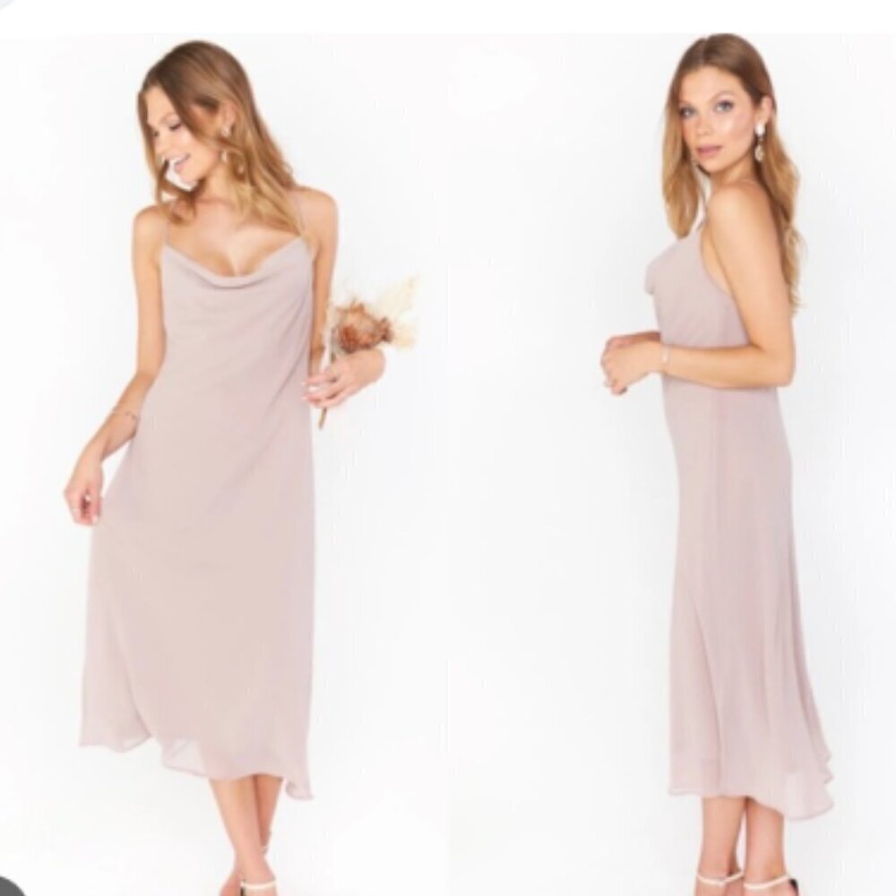 Show Me Your Mumu Verona Cowl Midi Dress Soft Beige Chiffon Size Small